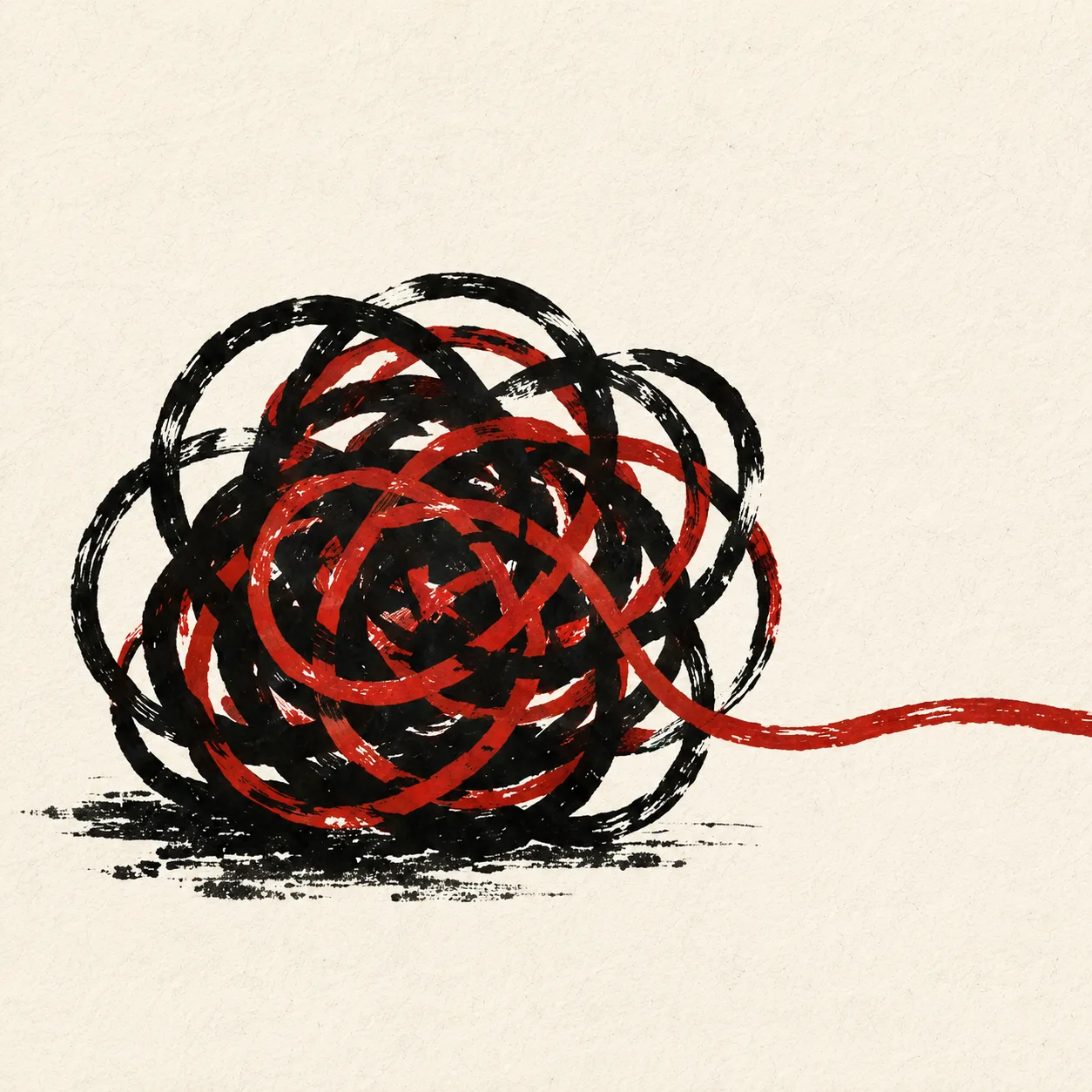 A tangled knot of black and red thread unspooling into a single straight red line