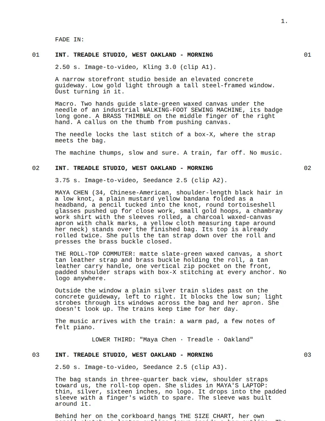 Page one of the screenplay